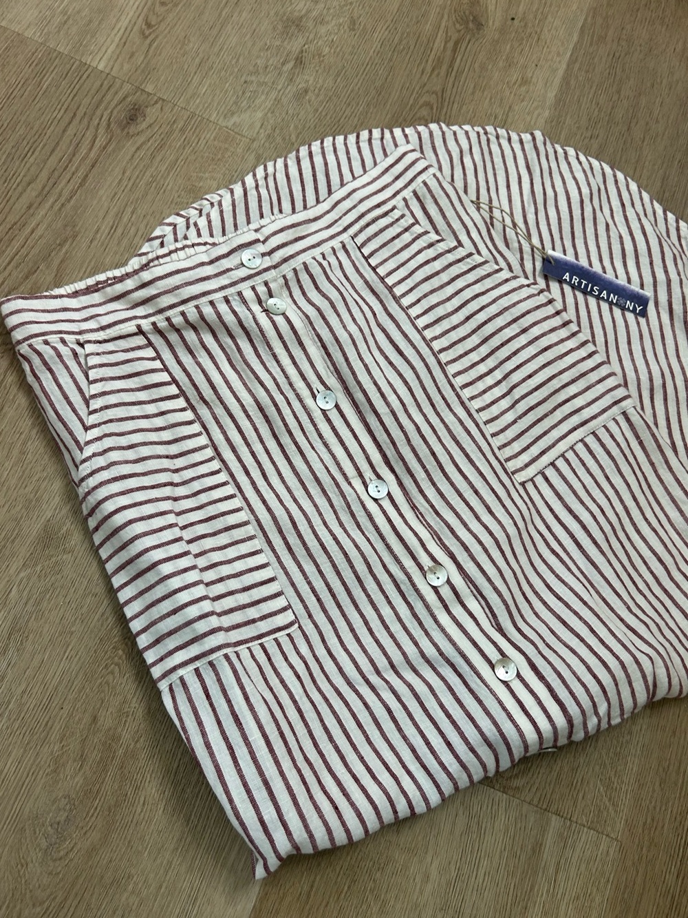 NWT Artisan NY 100% Linen Red Striped Button Down Midi Skirt